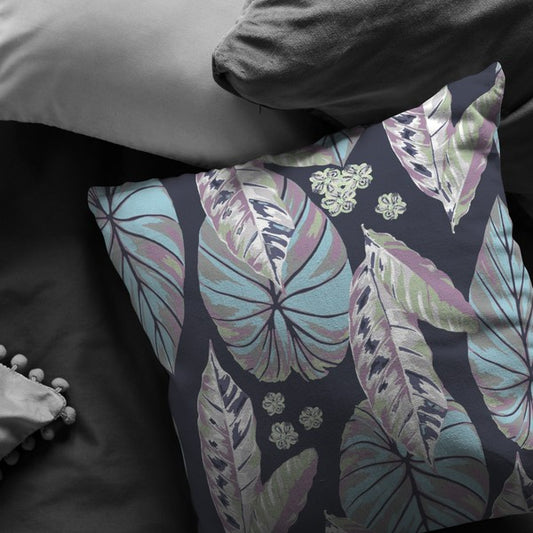 26” Blue Purple Tropical Leaf Indoor Outdoor Zippered Throw Pillow