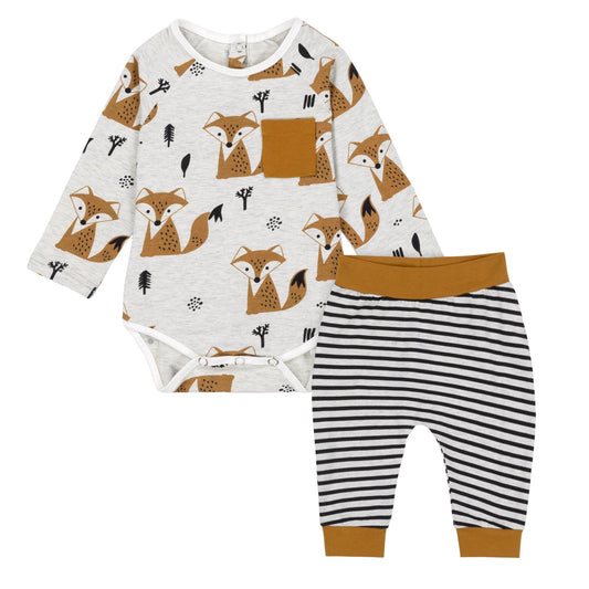 Printed Fox Bodysuit With Pocket & Striped Pants Set